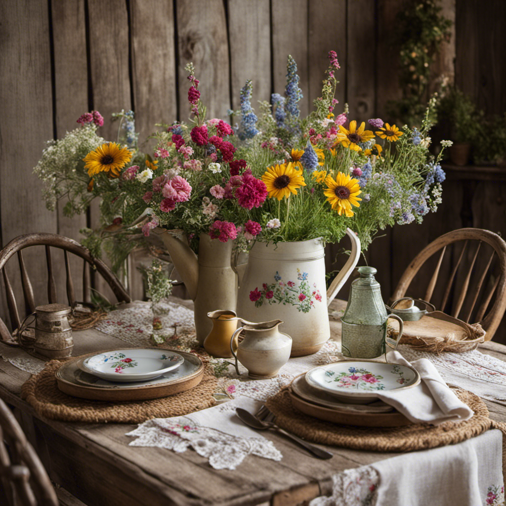 An image showcasing a rustic wooden dining table adorned with a vintage embroidered tablecloth, surrounded by mismatched antique chairs, and complemented by a charming arrangement of wildflowers in a weathered watering can
