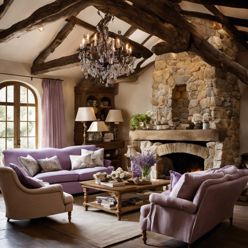 An image showcasing a serene country French living room, adorned with a rustic stone fireplace, exposed wooden beams, a distressed vintage chandelier, and a cozy floral armchair draped in a lavender-hued throw