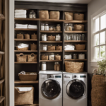 An image showcasing a well-organized laundry room with a rustic charm