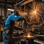 An image showcasing the step-by-step process of crafting metal wall decor: a welder expertly shaping intricate patterns onto a metal sheet, sparks flying amidst a backdrop of metalworking tools and materials