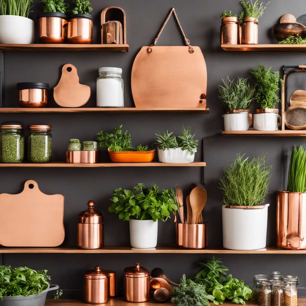 An image showcasing a vibrant kitchen wall adorned with a DIY geometric wooden shelf, displaying potted herbs, colorful spice jars, and a vintage copper utensil holder, adding an inviting and stylish touch to your culinary sanctuary