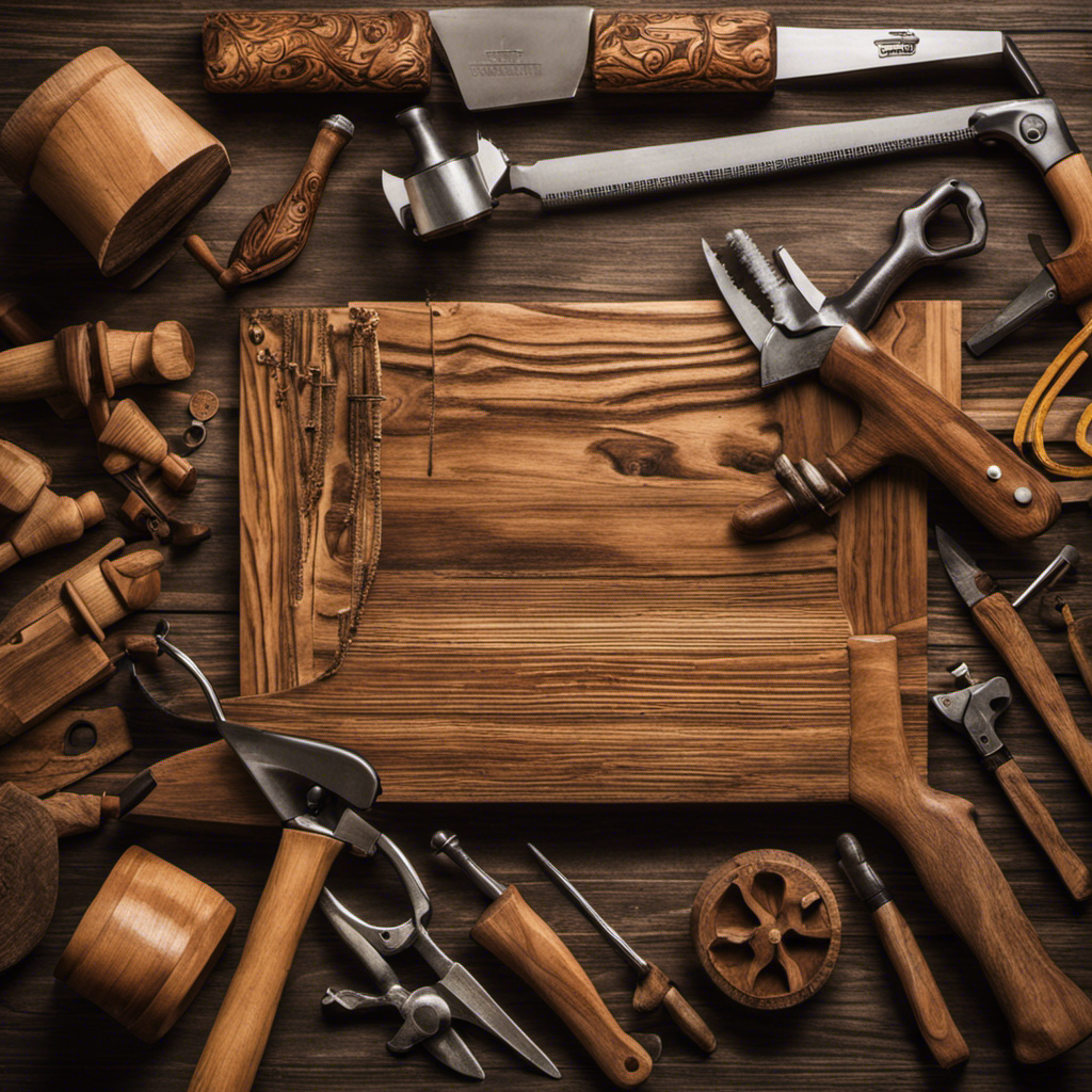 An image of a pair of hands holding a wooden plank, surrounded by a variety of woodworking tools such as a saw, chisel, hammer, and measuring tape