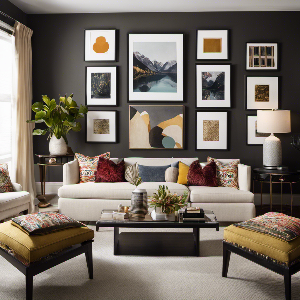 An image capturing a well-lit living room showcasing a variety of meticulously arranged throw pillows in contrasting colors and textures, complementing a carefully curated gallery wall with framed artwork of varying sizes and styles