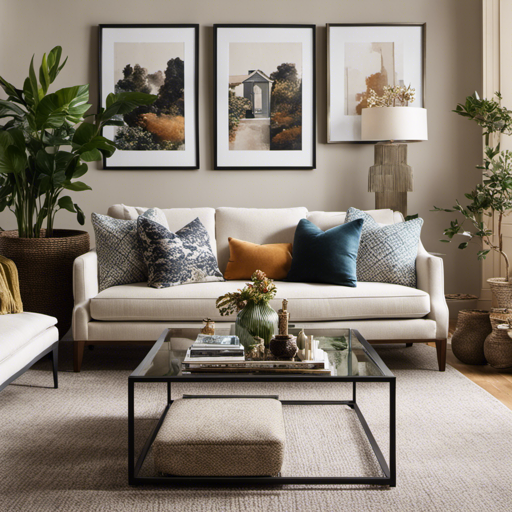 An image showcasing a well-lit living room with a plush, neutral-toned sofa adorned with patterned throw pillows surrounded by a curated gallery wall of framed artworks, complemented by a sleek coffee table and potted plants