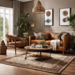 An image showcasing a cozy living room with various decor elements, including a rug