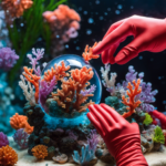 An image showcasing a pair of gloved hands gently scrubbing vibrant coral ornaments amidst crystal-clear water, with bubbles floating up and sunlight casting a mesmerizing glow, illustrating the step-by-step process of cleaning aquarium decor