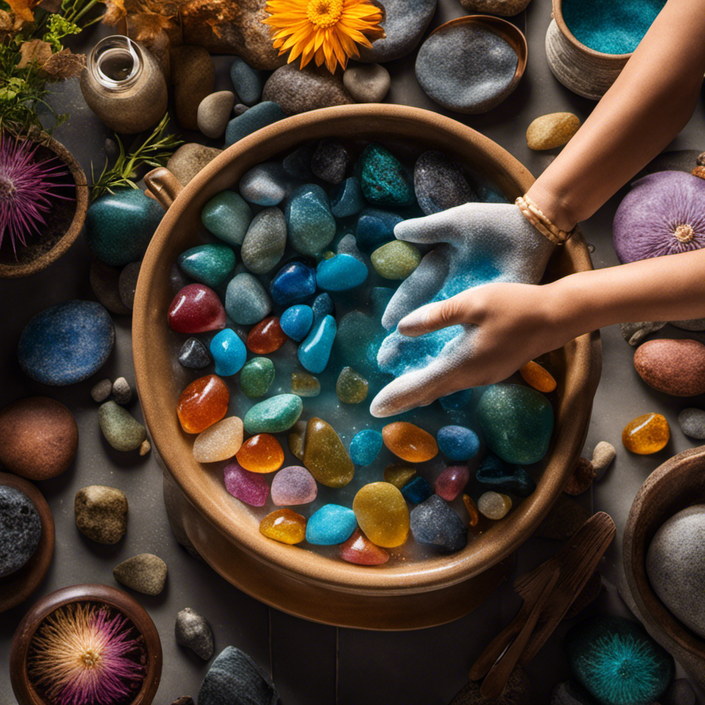 An image showcasing a pair of gloved hands delicately scrubbing a collection of decorative rocks in a basin of soapy water, with sunlight filtering through the water to illuminate their vibrant colors