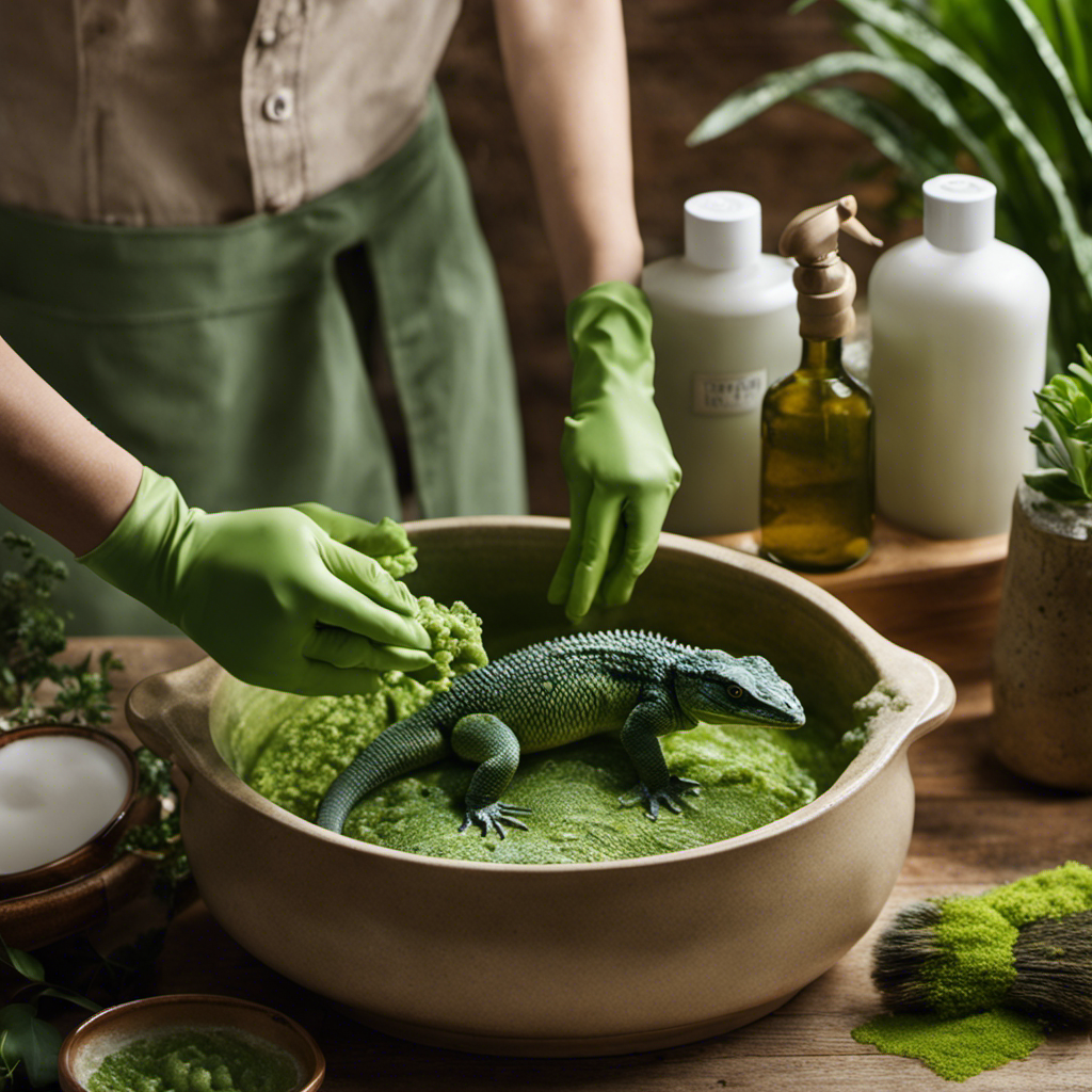 An image showcasing a person wearing protective gloves, gently scrubbing a reptile decor item in a basin filled with warm, soapy water