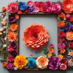 An image showcasing an artist meticulously arranging vibrant paper flowers onto a wooden frame, surrounded by an array of paintbrushes, glue, and scissors, for a blog post on crafting stunning wall decor