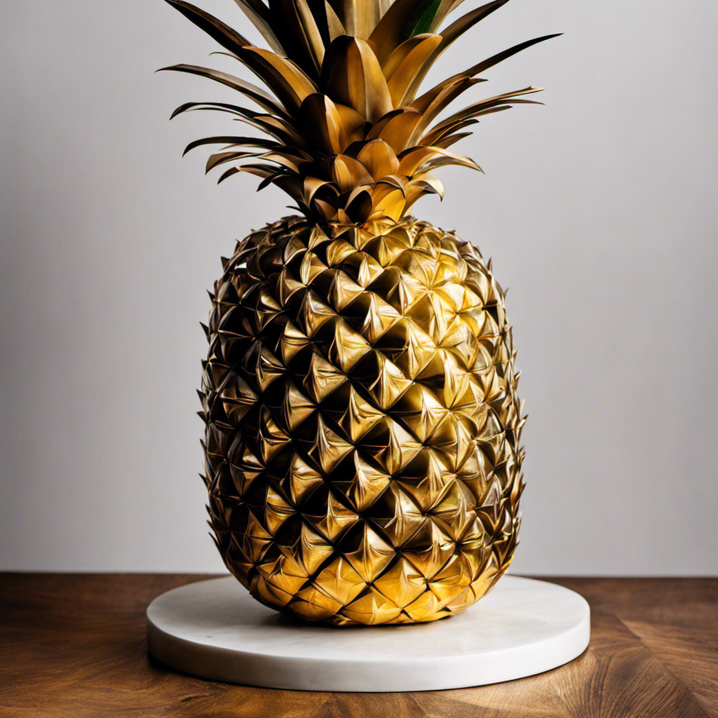 An image capturing the step-by-step process of cutting pineapple for decor: a hand holding a sharp knife slices through the golden skin, revealing the juicy flesh in symmetrical patterns, showcasing a beautifully carved pineapple centerpiece