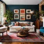 An image showing a serene living room with a cozy, eclectic decor