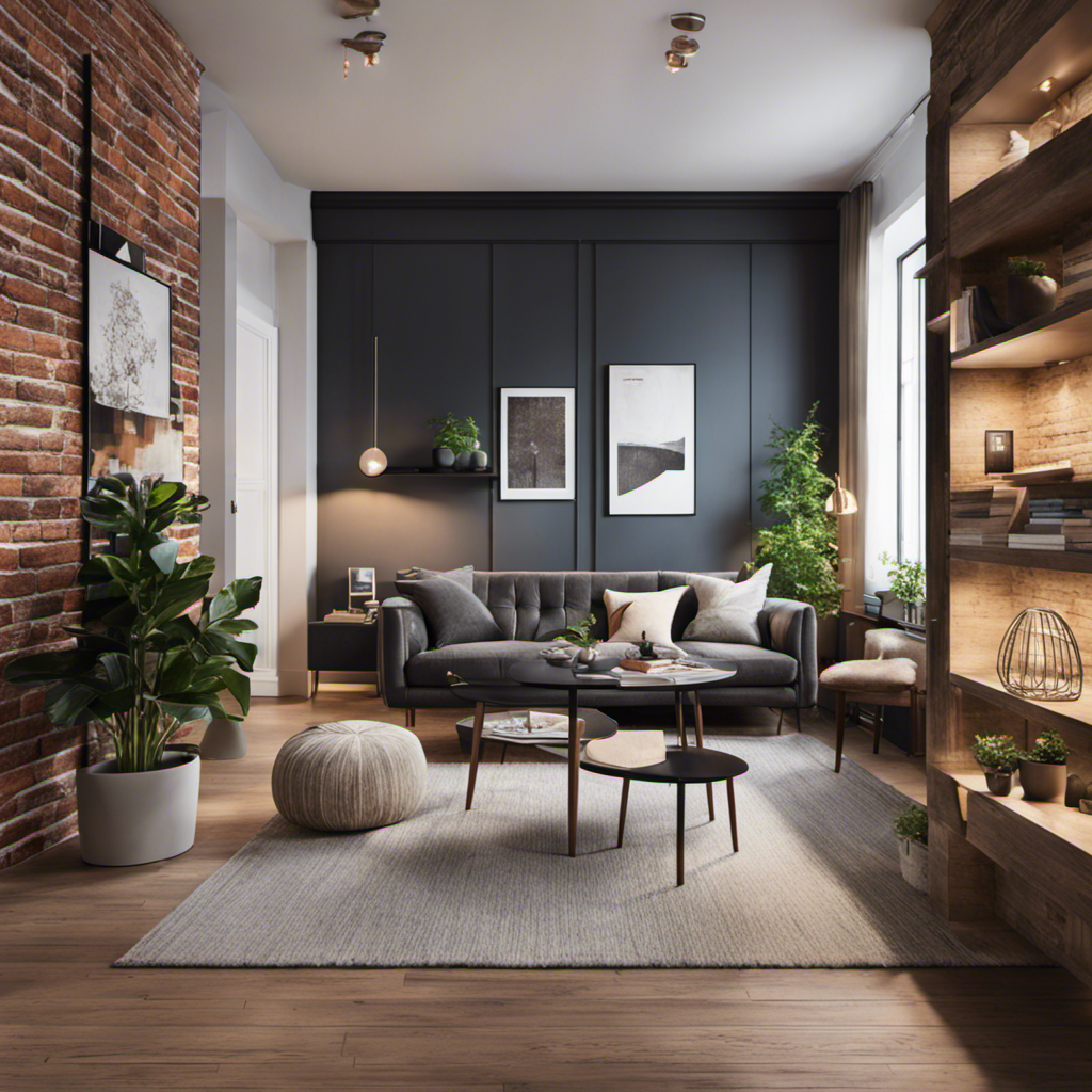 An image showcasing a cozy 720sq ft apartment, adorned with a plush Scandinavian-inspired sofa, a sleek dining table nestled against a brick accent wall, and a stylish floor-to-ceiling bookshelf filled with curated decor pieces