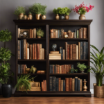 An image showcasing a meticulously arranged bookshelf adorned with a variety of eye-catching decor elements, such as vibrant potted plants, vintage trinkets, elegant candlesticks, and an assortment of beautifully bound books