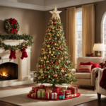 An image of a beautifully adorned Christmas tree standing tall in a cozy living room, bathed in warm, twinkling lights