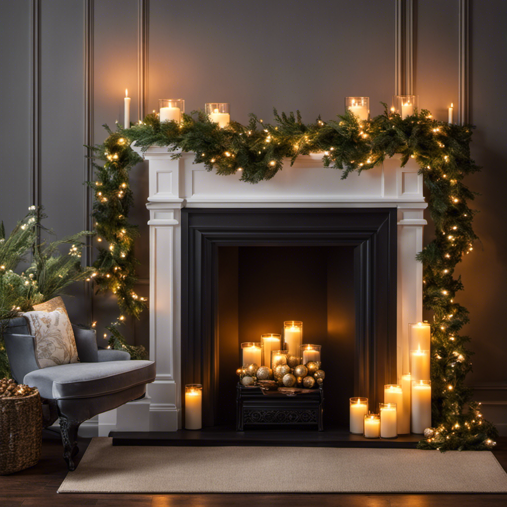 An image showcasing a beautifully adorned fireplace mantle with elegant candlesticks, luscious green garlands intertwined with twinkling fairy lights, and a cozy armchair nearby to inspire readers on how to stylishly decorate their own decorative chimney