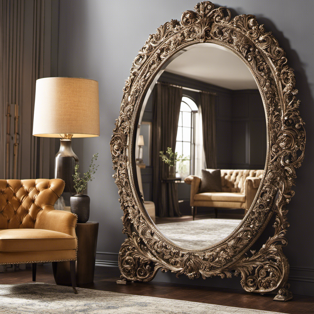 An image showcasing a beautifully decorated floor mirror – adorned with a chic, ornate frame, reflecting a well-lit room featuring plush rugs, potted plants, and a cozy armchair, exuding an ambiance of elegance and comfort