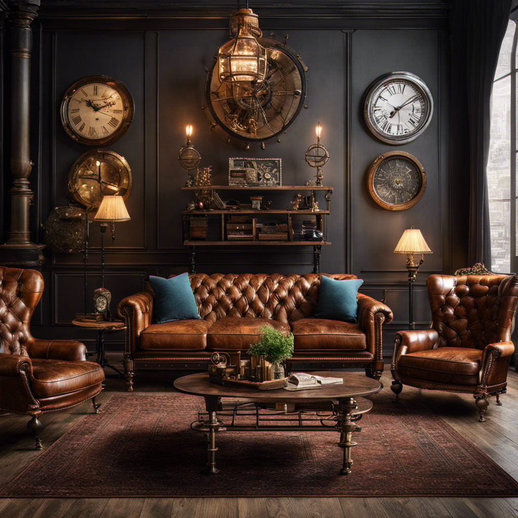 An image of a cozy living room adorned with a vintage leather armchair, adorned with brass gears and pipes, a Victorian-inspired coffee table with ornate metal legs, and walls embellished with steampunk artwork and industrial lighting fixtures