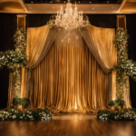 An image showcasing a grand stage adorned with cascading drapes in opulent shades, a regal golden backdrop, and strategically placed twinkling lights that lend a magical ambiance, perfect for an enchanting event
