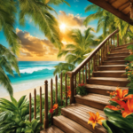 An image showcasing a vibrant, tropical paradise on a stairs wall