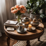 An image showcasing a beautifully decorated coffee table with a tray adorned with a vintage teapot, a stack of books, a vase of fresh flowers, and a cozy knitted throw, all surrounded by elegant candles and delicate coasters