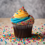 An image showcasing a vibrant cupcake decorated with a mountain of colorful sprinkles
