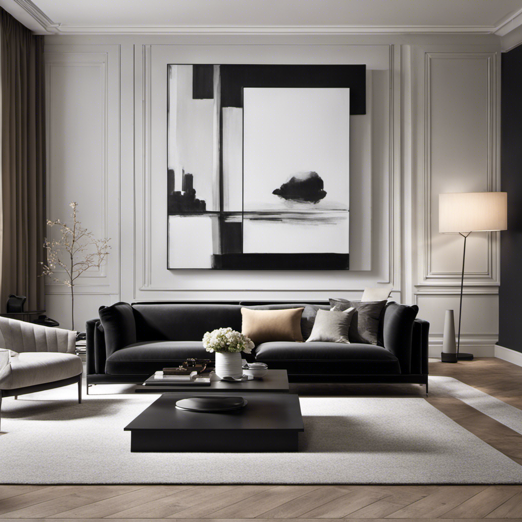 An image showcasing a minimalist living room with a large, abstract black-and-white painting hanging on a blank wall