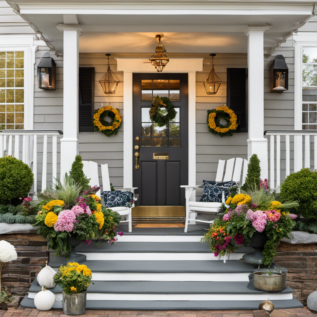 An image of a charming front porch adorned with vibrant potted plants, wreaths, and a second door painted in a contrasting color