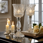An image showcasing a pair of elegant glass candlesticks adorned with delicate crystal beads, shimmering in the warm glow of candlelight