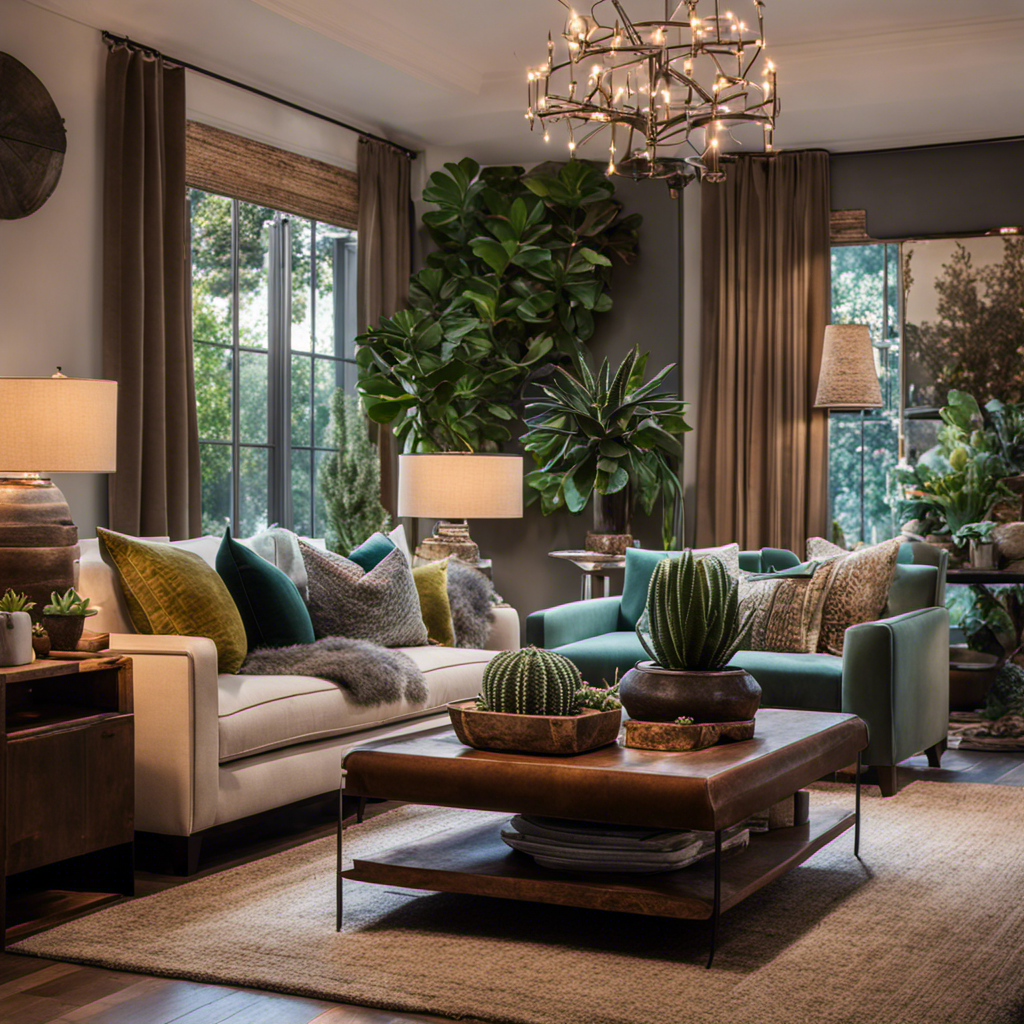An image of a cozy living room adorned with plush velvet sofas, adorned with vibrant throw pillows, a rustic wooden coffee table displaying a collection of succulents, and soft ambient lighting from a contemporary floor lamp