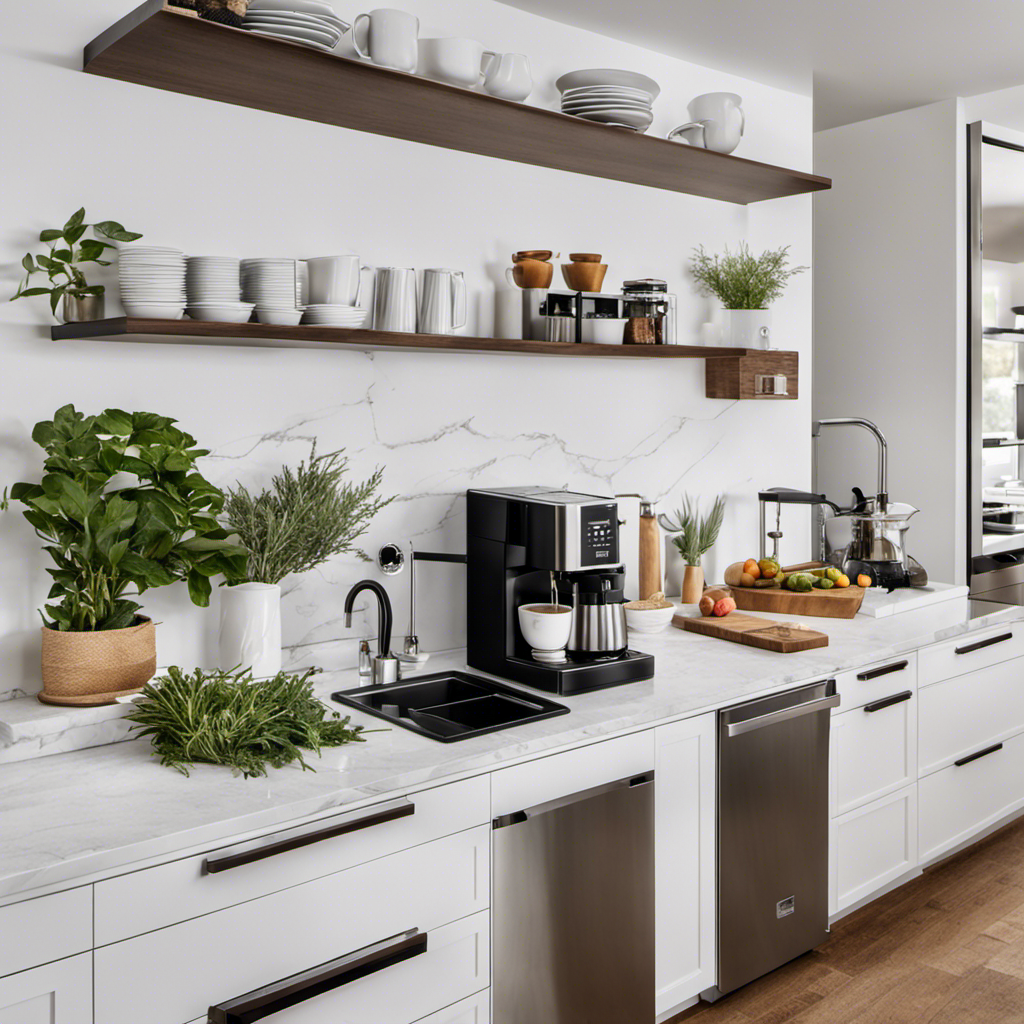 An image featuring a well-organized kitchen counter adorned with sleek stainless steel appliances, vibrant potted herbs, a marble cutting board with neatly arranged fruits, and an elegant coffee station with a beautifully displayed espresso machine and mugs