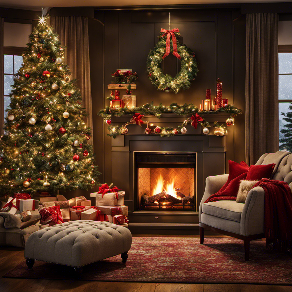 An image showcasing a cozy living room adorned with a majestic Christmas tree surrounded by twinkling lights and shimmering ornaments