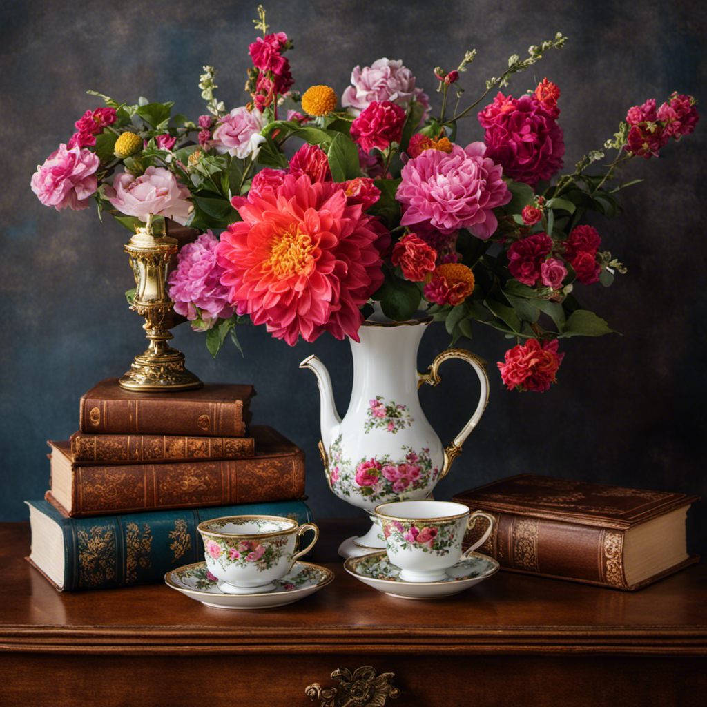 An image showcasing a beautifully decorated living room table: a vase filled with vibrant flowers sits atop a stack of antique books, next to a porcelain teacup and saucer, surrounded by tasteful decorative objects