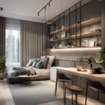 An image showcasing a cleverly designed studio apartment with a minimalist aesthetic