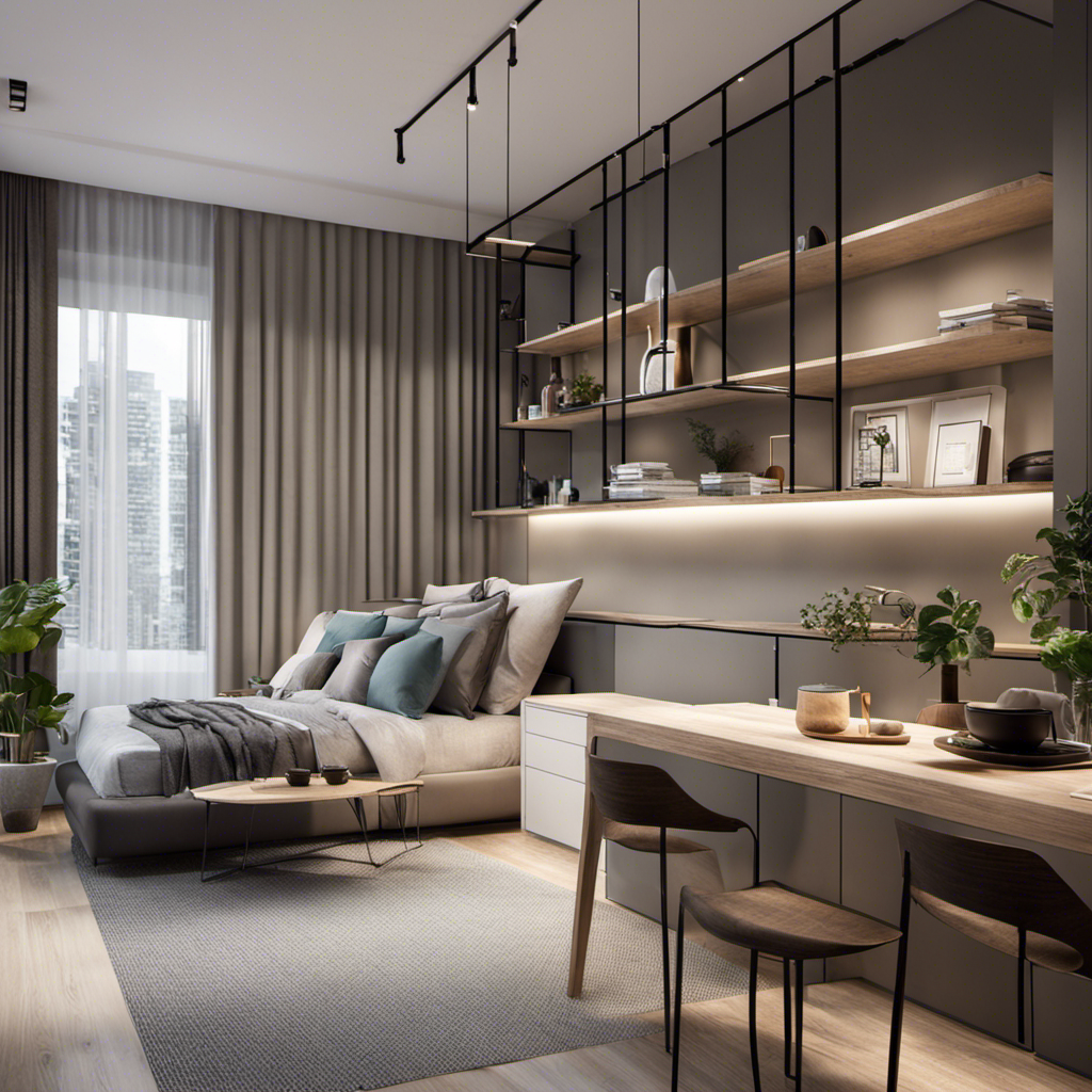 An image showcasing a cleverly designed studio apartment with a minimalist aesthetic