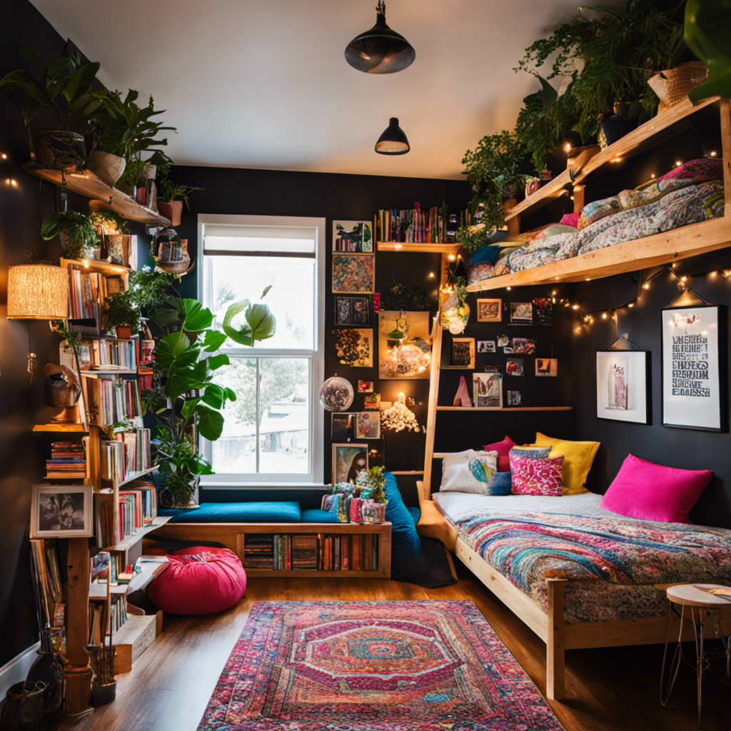 An image showcasing a vibrant, eclectic teenage room with a cozy loft bed adorned with fairy lights, a bean bag chair, a gallery wall of personal photos, a study nook with a chalkboard wall, and shelves filled with books and plants