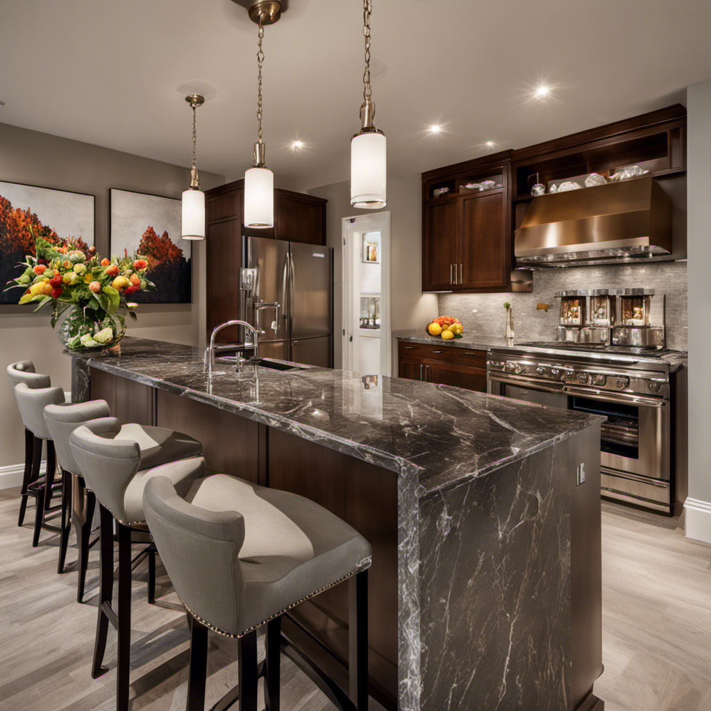 An image showcasing a stylish breakfast bar adorned with a sleek marble countertop, adorned with a row of trendy pendant lights, surrounded by elegant bar stools, and complemented by a display of fresh fruits and artisanal coffee mugs
