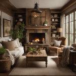 An image of a cozy living room adorned with weathered wooden furniture, complemented by earthy tones and textured textiles
