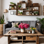 An image of a cozy living room featuring a wooden crate coffee table adorned with a vase of vibrant flowers, complemented by rustic crates used as open shelves displaying charming decor items like books, plants, and vintage trinkets