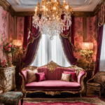 A visually captivating image showcasing a Victorian Rose Room adorned with plush velvet curtains, ornate gold-framed mirrors, intricate floral wallpaper, and a grand antique chandelier illuminating vintage furniture and delicate lace accents