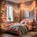 An image showcasing a cozy bedroom with colorful paper decorations