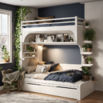 An image showcasing a cozy small bedroom with clever space-saving solutions: a loft bed with built-in storage, a foldable desk by the window, floating shelves displaying plants, and a wall-mounted mirror to create the illusion of more space