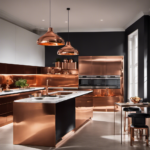 An image showcasing a modern kitchen adorned with gleaming copper accents