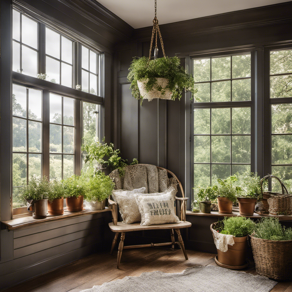 An image showcasing a charming farmhouse bay window adorned with delicate lace curtains, a cozy window seat with plaid cushions, a rustic wooden side table displaying potted herbs, and a vintage watering can filled with freshly picked flowers