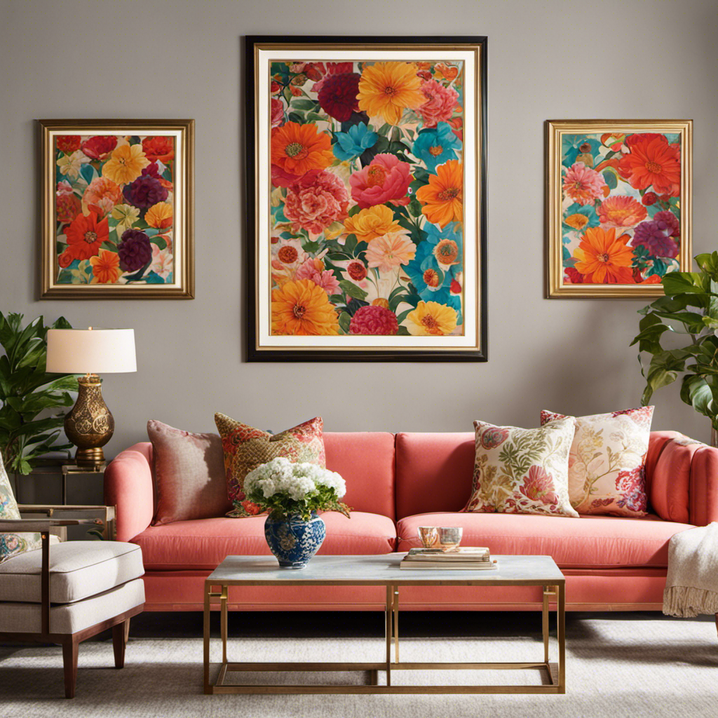 An image showcasing a vibrant living room wall adorned with a symmetrical arrangement of hand-painted canvas frames in various sizes, complemented by intricately patterned wall decals and an elegant brass sconce