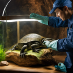 An image showcasing a pair of gloved hands gently scrubbing a reptile hide with a soft brush, as a brightly lit aquarium background highlights the meticulous cleaning process for reptile decor