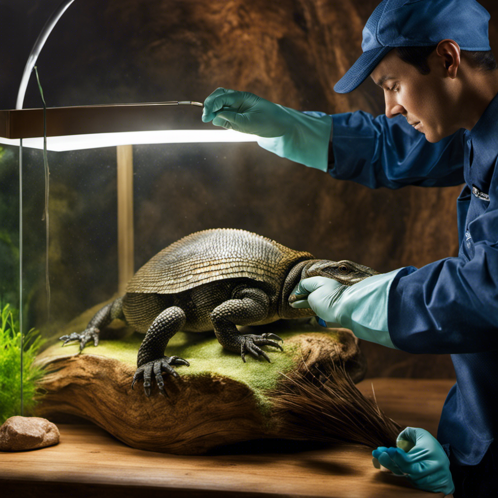 An image showcasing a pair of gloved hands gently scrubbing a reptile hide with a soft brush, as a brightly lit aquarium background highlights the meticulous cleaning process for reptile decor