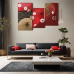 An image showcasing a minimalist living room with a sleek, wall-mounted display rack adorned with vibrant Japanese umbrellas