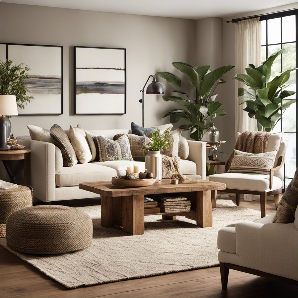 An image showcasing a cozy living room with neutral tones and soft textures