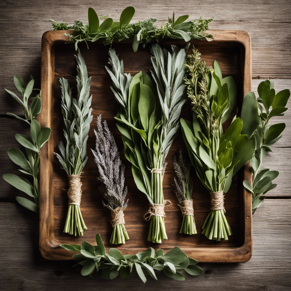 An image showcasing a rustic wooden tray adorned with freshly harvested sage bundles neatly arranged and hanging upside down