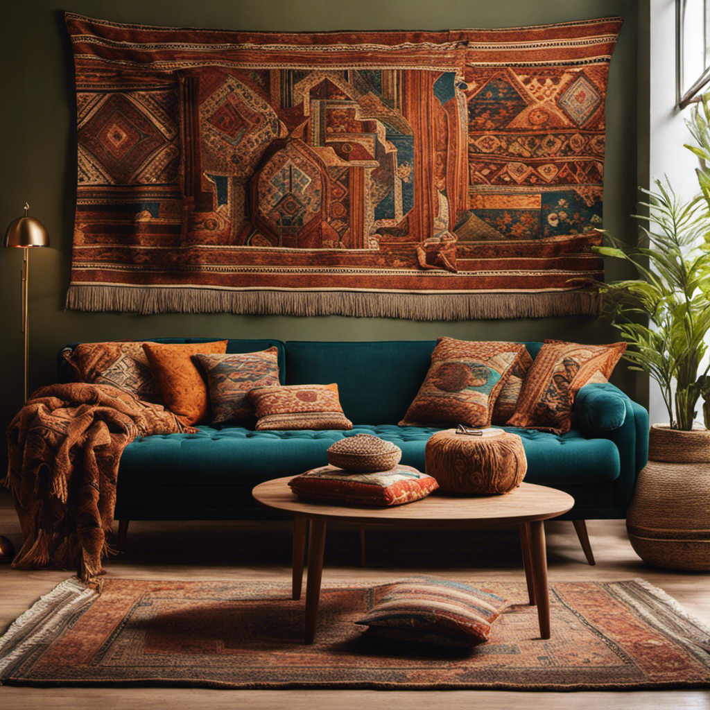 An image showcasing a cozy living room adorned with unique, handcrafted tapestries, vibrant ceramic vases, and intricately patterned cushions, enveloped in warm, earthy tones, inspiring readers to discover indie brands for their home decor